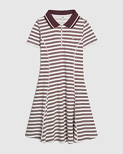 Girls Red Stripe Ribbed Zip Polo Dress
