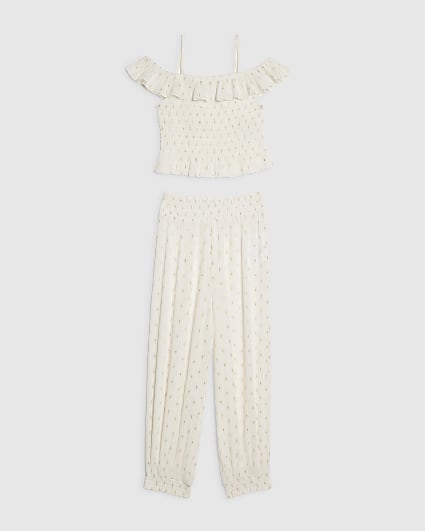 Girls White Spot Print Hareem Trousers Set