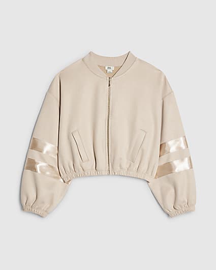 Girls Beige Suede Embellished Bomber Jacket