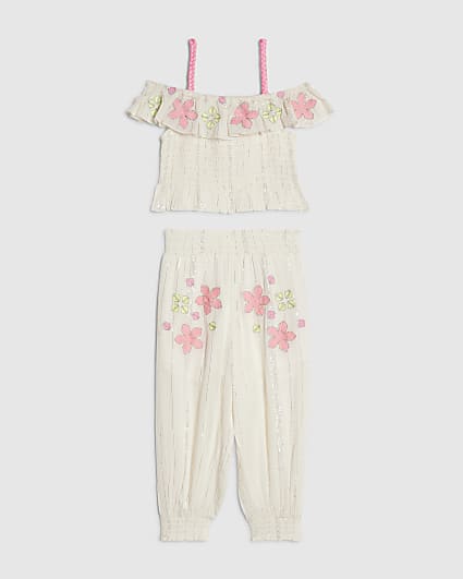 Mini Girls White Floral Trousers Set
