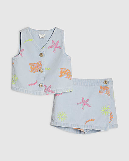 Mini Girls Denim Sea Fishes Waistcoat Set
