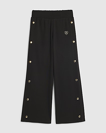 Girls Black Popper Detail Wide Leg Trousers