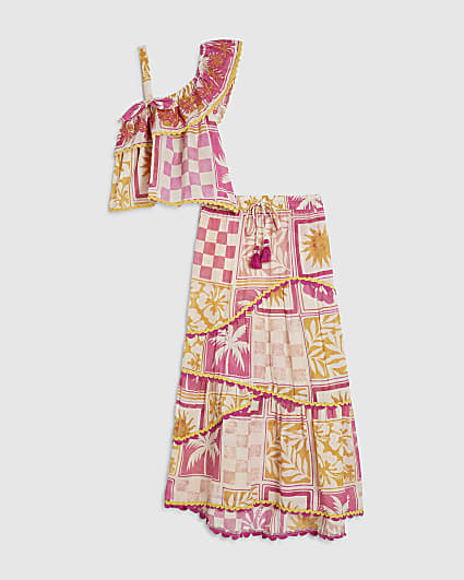 Girls Pink Postcard Maxi Skirt Set