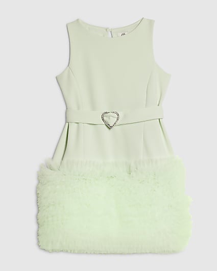 Girls Green 3D Organza Hem Dress