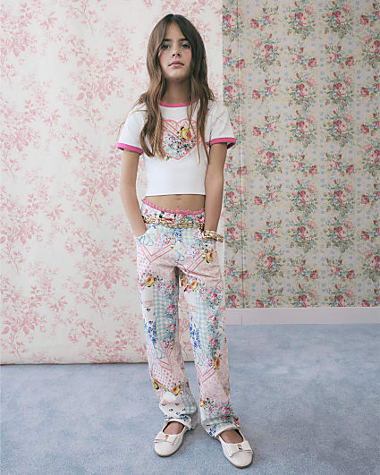 Girls Pink Patchwork Straight Leg Jeans