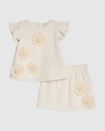 Mini Girls Beige 3D Rosette Skirt Set