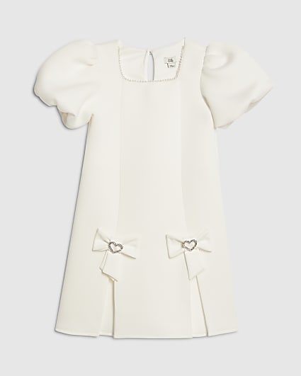 Girls Cream Bow Hem Puffy Sleeve Dress