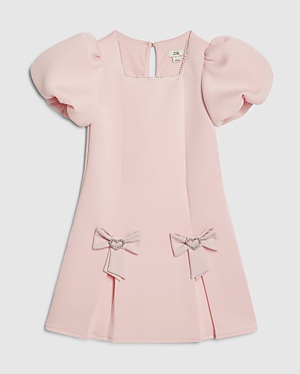 Girls Pink Bow Hem Puffy Sleeve Dress