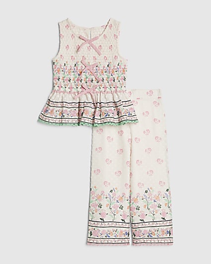 Mini Girls Cream Cotton Top and Trouser Set