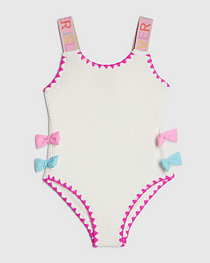 Mini Girls White Textured Bow Swimsuit