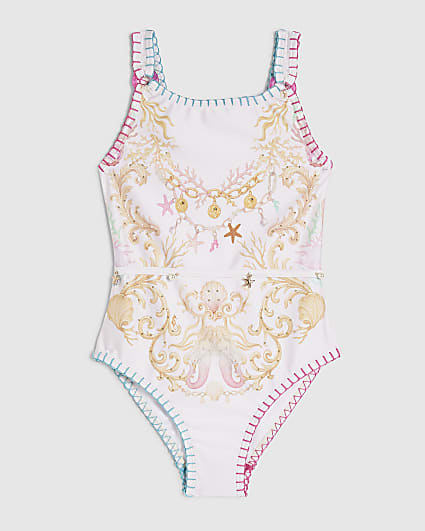 Girls Cream Sealife Chain Print Swimsuit