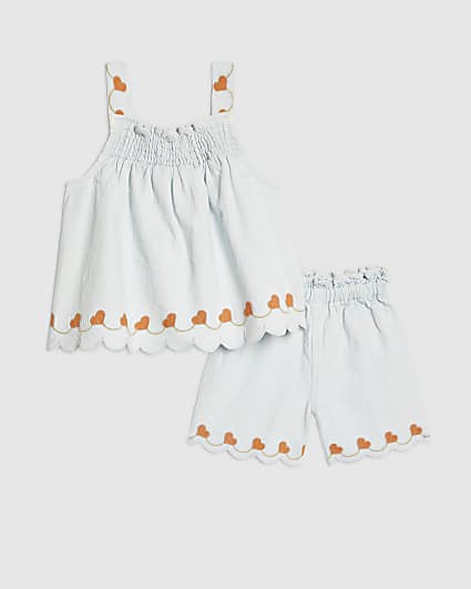 Mini Girls Blue Denim Heart Shorts Set