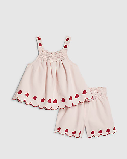 Mini Girls Pink Denim Heart Shorts Set