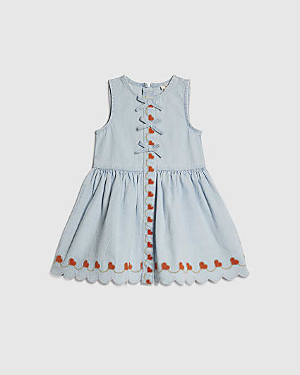 Mini Girls Blue Denim Heart Embroidered Dress