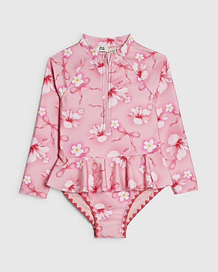 Mini Girls Pink Hibiscus Long Sleeve Swimsuit