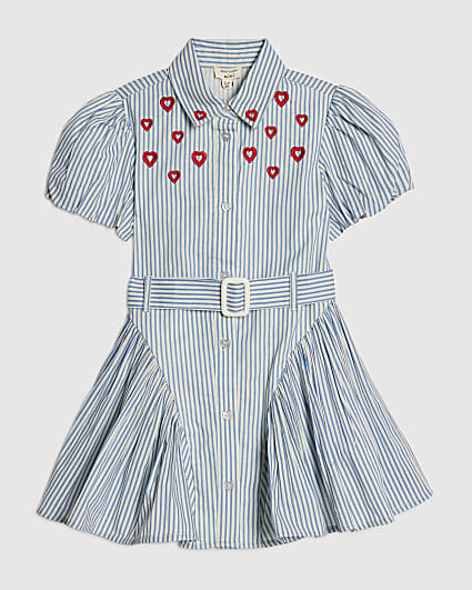 Mini Girls Blue Heart Stripe Shirt Dress
