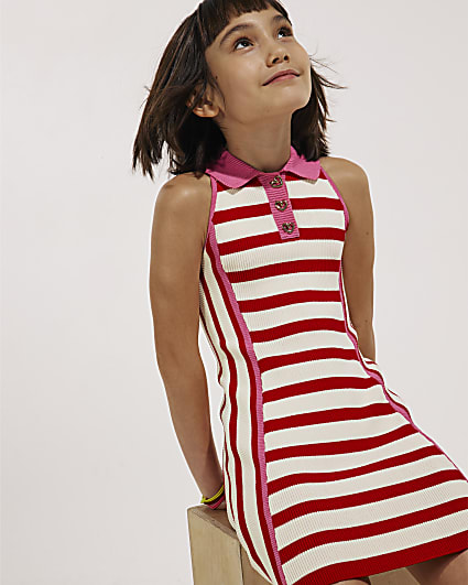 Girls Red Sleeveless Striped Dress