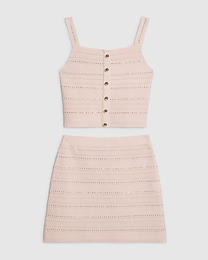 Girls Embellished Top And Skirt Set