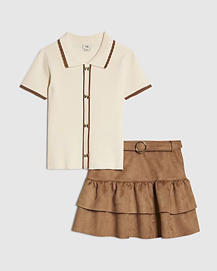 Girls Beige Faux Suede Skirt Set
