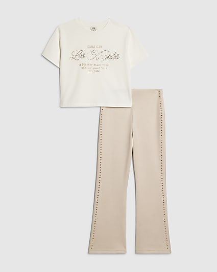 Girls White Flared Faux Suedette Trousers Set