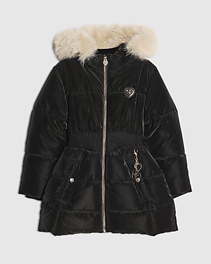 Girls Black Velour Padded Faux Fur Trim Coat