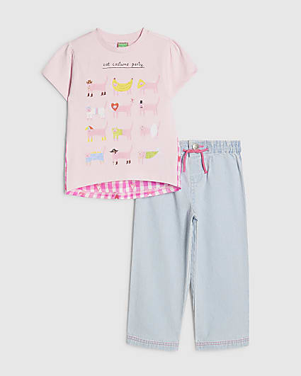 Mini Girl Pink Cat T-Shirt And Jean Set