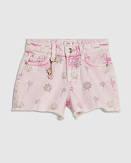 Girls Pink Palm Tree Embellished Shorts