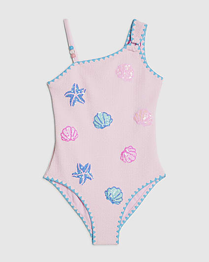 Girls Pink Sequin Shell Swimsuit