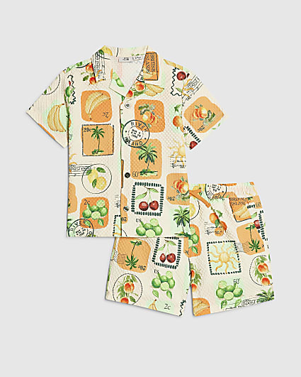 Mini Boys Cream Postcard Print Swim Set