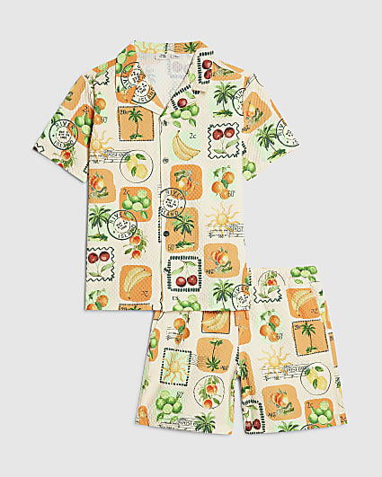 Boys Cream Postcard Print Swim Set