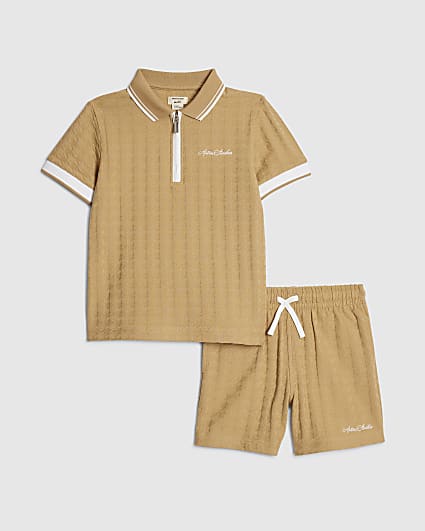 Mini Boys Brown Polo Shirt And Shorts Set