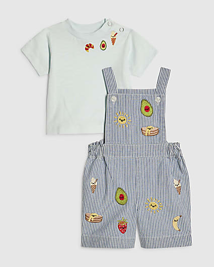Baby Boys Blue Stripe Embroidery Dungaree Set