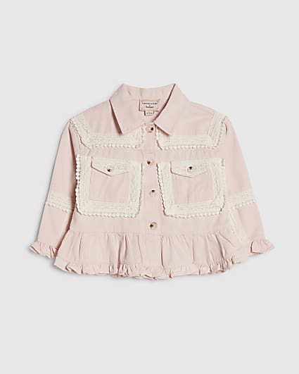 Mini Girls Pink Lace Denim Shacket