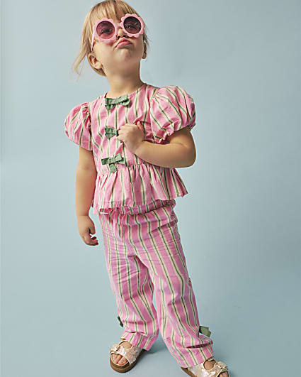 Mini Girls Pink Stripe Bow Wide Leg Set