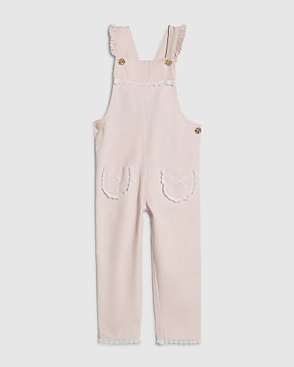 Mini Girls Pink Lace Denim Dungarees