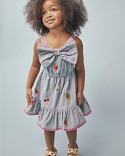 Mini Girls Blue Stripe Embroidered Bow Dress