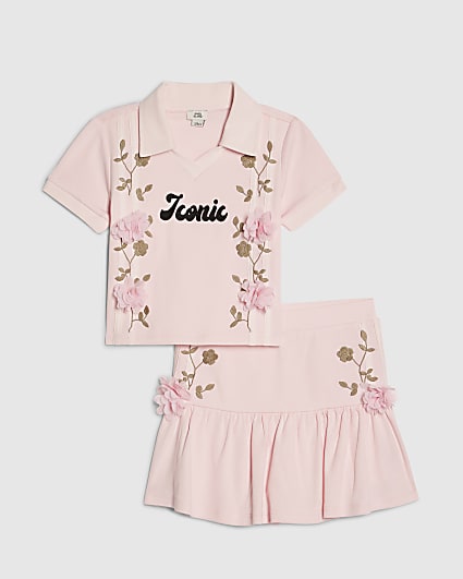 Girls Pink Floral Polo Skirt Set