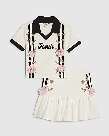 Girls White Floral Polo Skirt Set