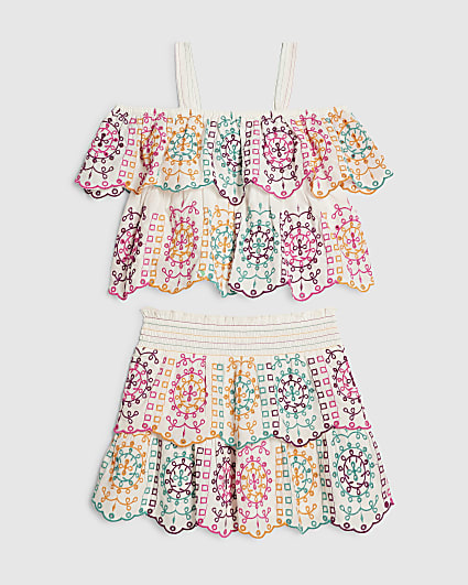 Girls Cream Embroidered Skirt Set