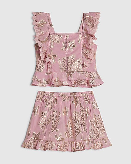 Girls Pink Sea Life Print Top & Skirt Set