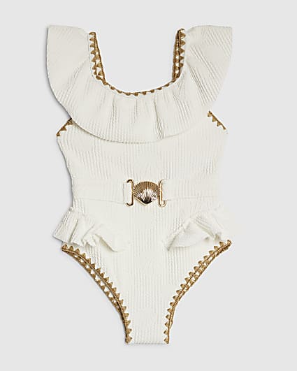 Mini Girls White Shell Textured Belt Swimsuit