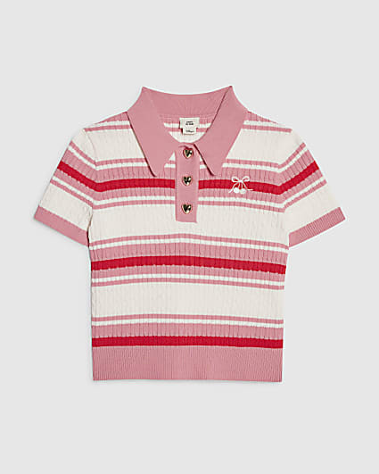 Girls Pink Stripe Cherry Bow Polo Shirt