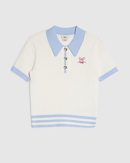 Girls White Stripe Cherry Bow Polo Shirt