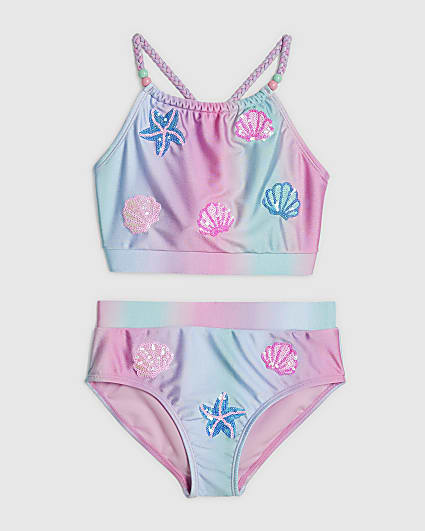 Girls Blue Ombre Sequin Shell Bikini Set