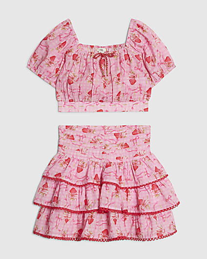 Girls Pink Strawberry Bow Skirt Set