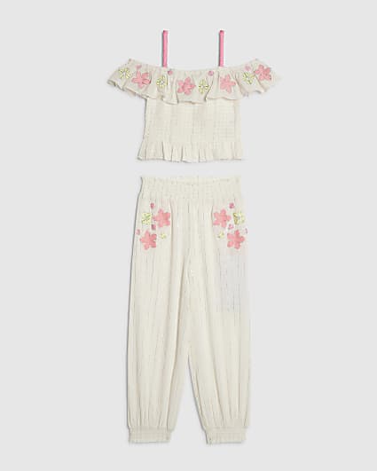 Girls White Floral Trousers Set