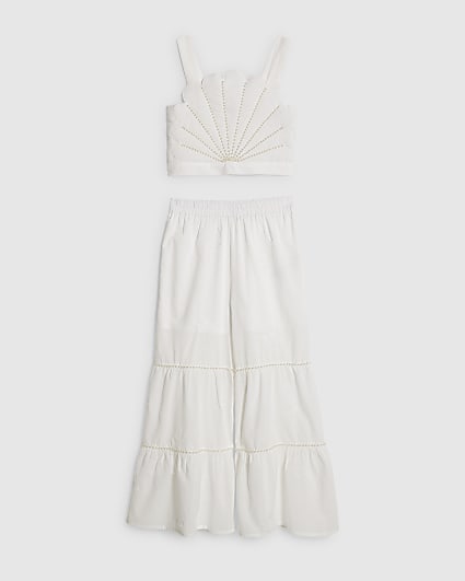 Girls White Pearl Shell Top Trouser Set