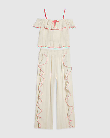 Girls White Frill Trousers Set