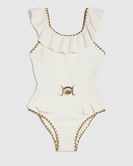 Girls White Shell Textured Belt Swimsuit