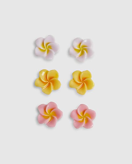 Girls White Hibiscus Pack Of 3 Stud Earrings